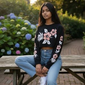 Ripple 1992 Cropped Long Sleeve Floral Top, 100% Cotton, Medium